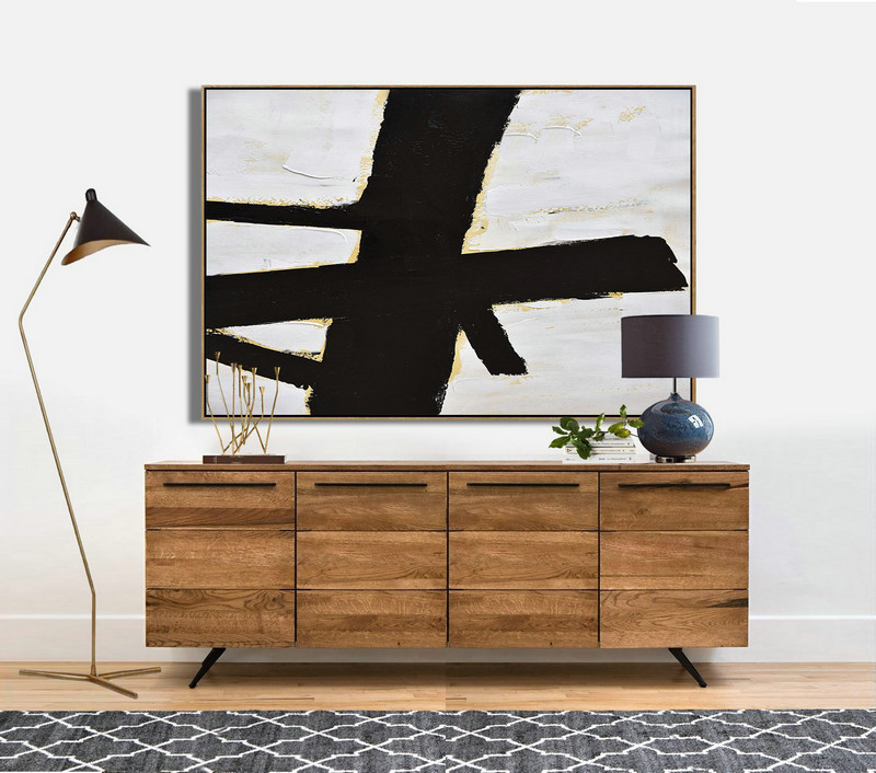 Modern Art Abstract Painting,Horizontal Palette Knife Minimal Canvas Art Painting Black White Beige - Contemporary Canvas Paintings